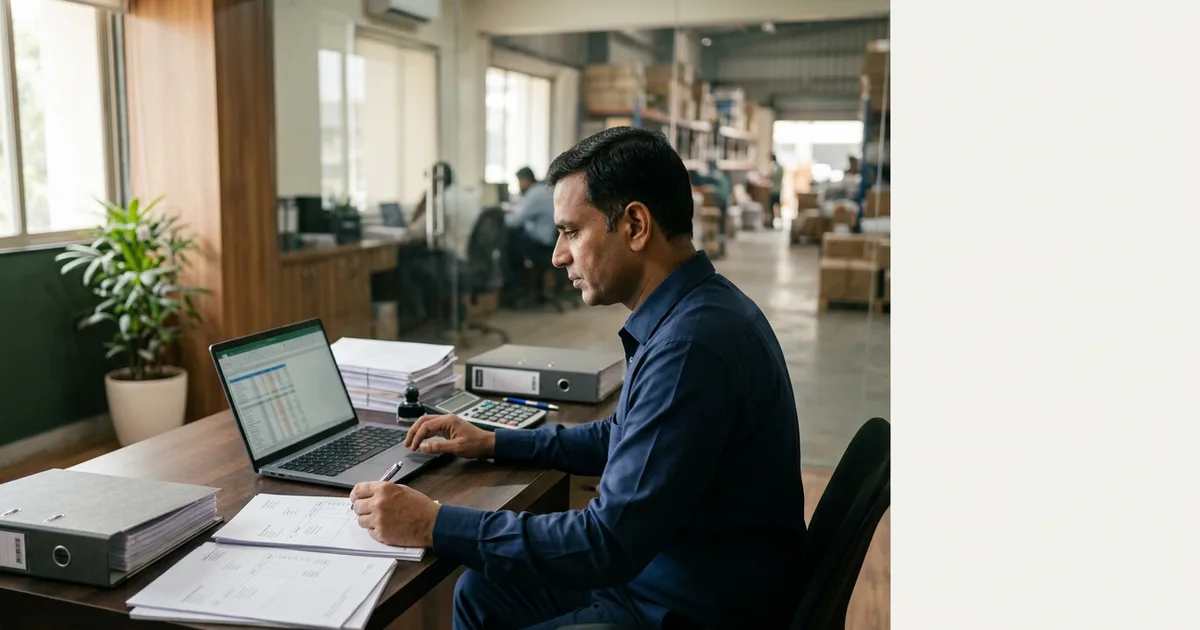 Accountant reconciling GST invoices and returns on a laptop beside stacked files in an Indian trading company office