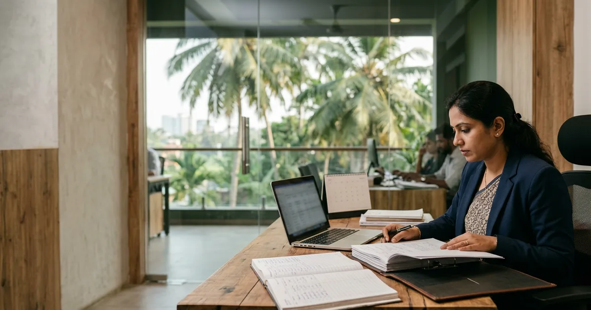 Chartered accountant reviewing a bound audit file and ledgers at a desk in a Kochi office before an income-tax deadline