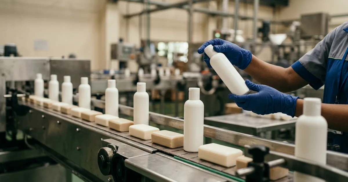 Unbranded soap bars, shampoo bottles and toothpaste tubes on a packaging line in an Indian personal-care factory